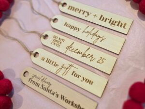 wooden gift tags by benny and bo creations set of five with sayings merry and bright, happy holidays, etc