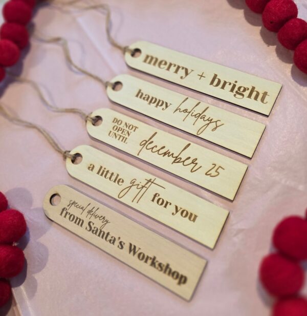 wooden gift tags by benny and bo creations set of five with sayings merry and bright, happy holidays, etc